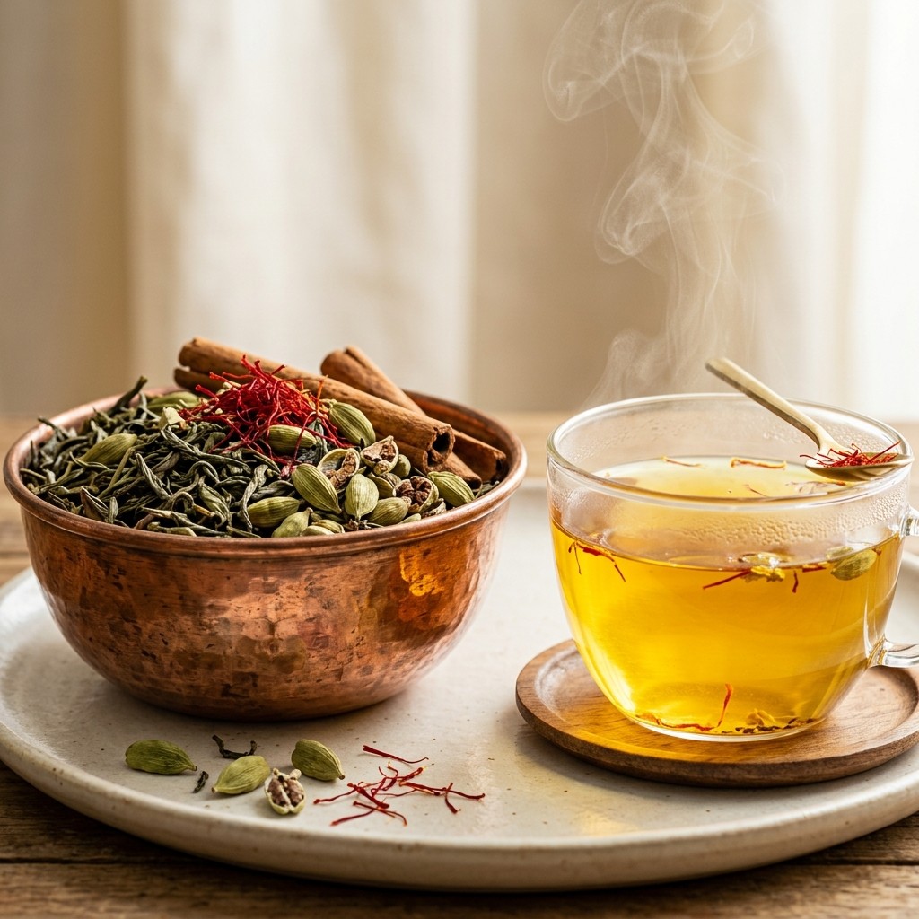 Kashmiri Kahwa Spice Blend 100g tin — traditional green tea with saffron, cardamom, cinnamon