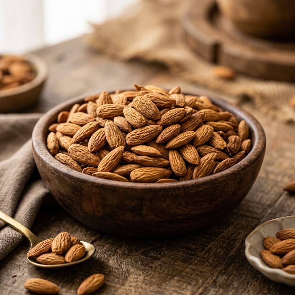 Kashmiri Mamra Almonds 250g heritage variety — crescent-shaped high-oil kernels in kraft pouch