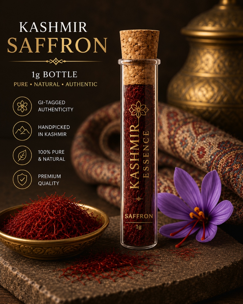 GI-Tagged Kashmiri Saffron Mongra grade — 1g glass vial with cork, from Pampore Kashmir